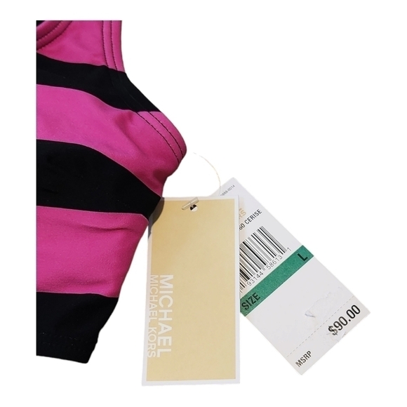 Michael Kors NWT $90 Women's Zip Front Pink and Black Striped Bikini Top Large - Picture 10 of 10